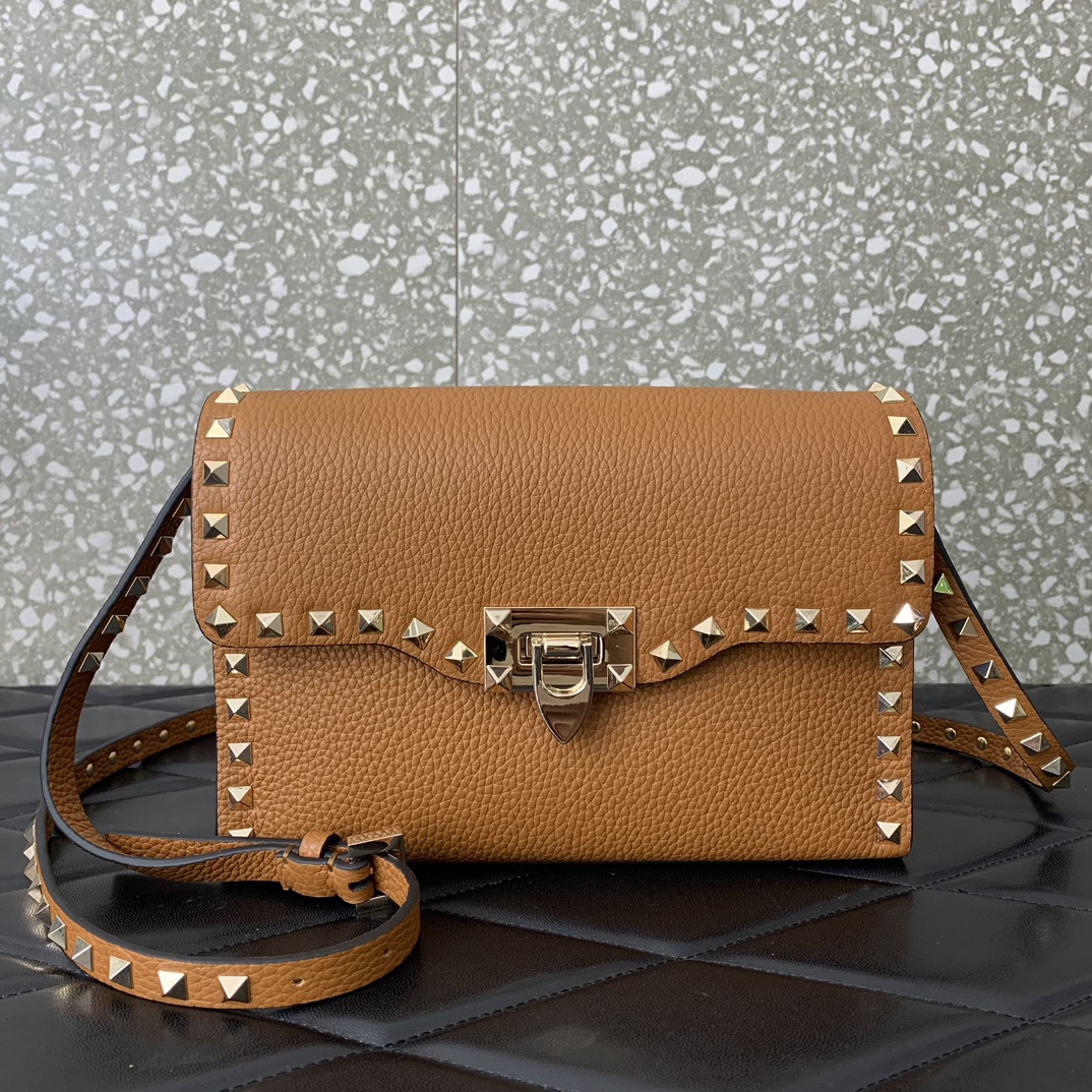 Valentino Garavani Rockstud Crossbody Bag in Brown Grainy Calfskin